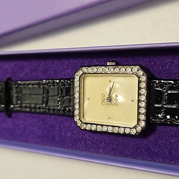 ELIZABETH TAYLOR AVON Rhinestone on Black Strap Watch - Picture 1 of 10